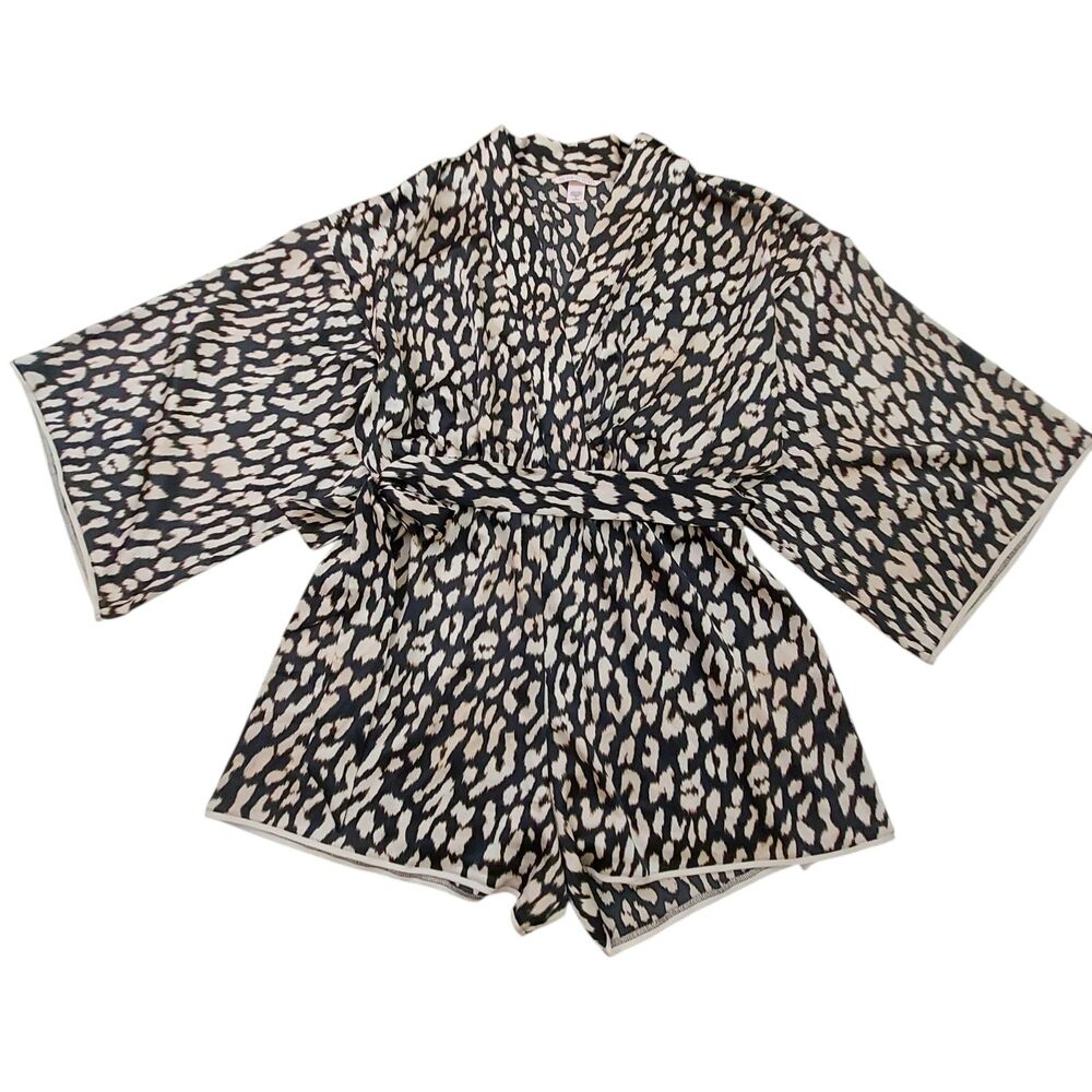 Victoria's Secret Romper Womens Medium Tan Satin Wrap Leopard Print Loungewear